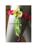 Jarretiere couleur blanc fuchsia et vert anis avec orchidées, perles  et rubans