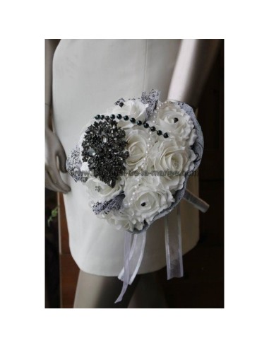 UNIQUE Bouquet de mariée fait main noir, blanc broche et strass!