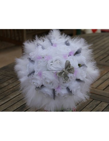 Bouquet Mariée Rond thème parme, gris et blanc avec plumes