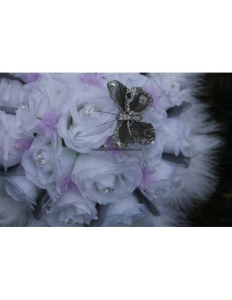 Bouquet Mariée Rond thème parme, gris et blanc avec plumes