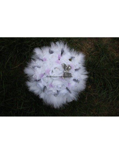 Bouquet Mariée Rond thème parme, gris et blanc avec plumes