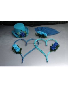 Décoration voiture mariage Chapeau voile et cœurs turquoise et bleu roi