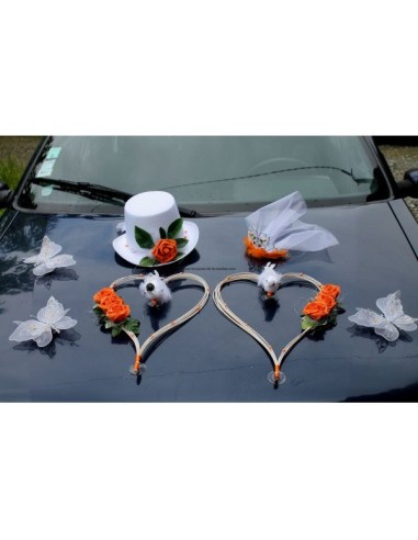 Décoration de voiture pour mariage chapeau, voile, coeurs orange