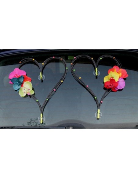 Décoration de voiture pour mariage type Cœurs noir orchidée thème fluo