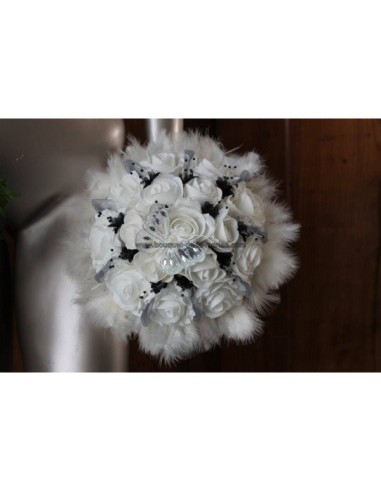 Bouquet de Mariée Rond thème noir et blanc ou ivoire papillon