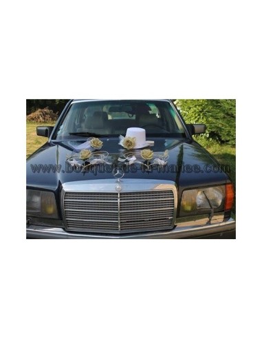 Décoration de voiture pour mariage chapeau, voile, coeurs BLANC et OR