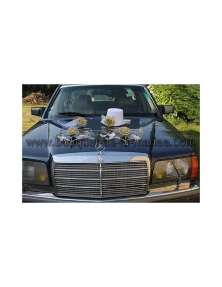 Décoration de voiture pour mariage chapeau, voile, coeurs BLANC et OR