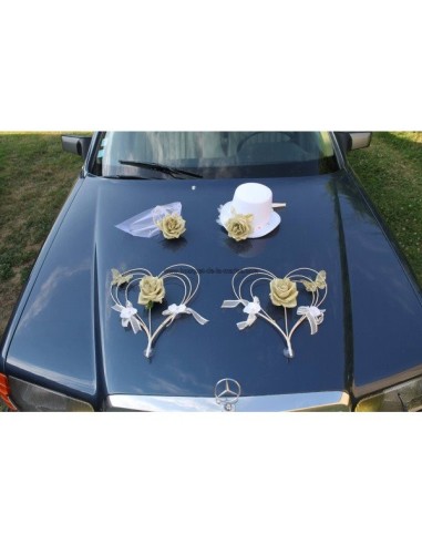 Décoration de voiture pour mariage chapeau, voile, coeurs BLANC et OR