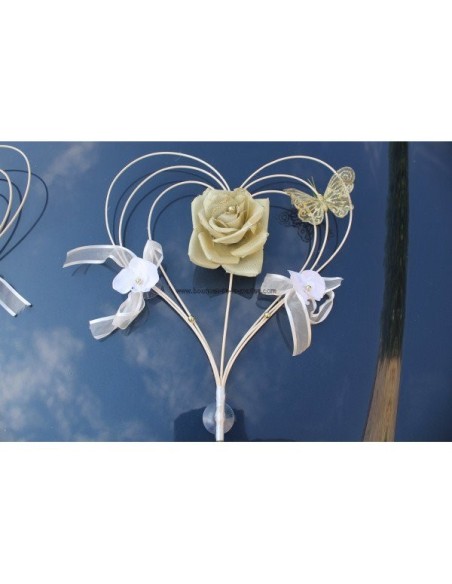Décoration de voiture pour mariage chapeau, voile, coeurs BLANC et OR