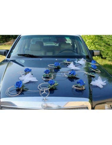 Décoration de voiture de mariage bleu roi thème papillon 