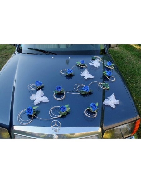 Décoration de voiture de mariage bleu royal thème papillon 