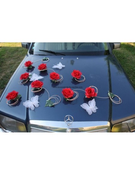 Belle decoration de voiture pour mariage avec des papillons et roses Belle decoration de voiture pour mariage avec des papillons et roses