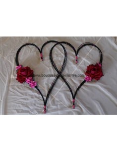 Décoration voiture de mariage Cœurs noir avec perles et roses fuchsia