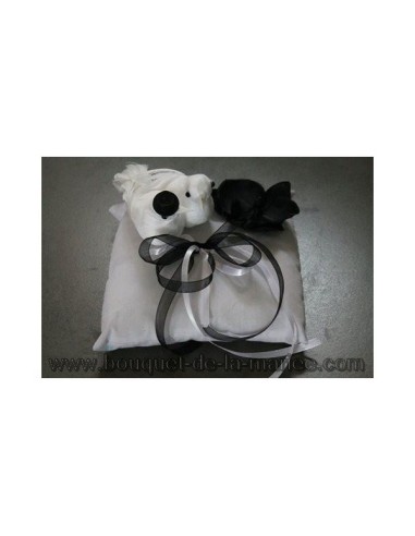 Coussin d'alliances mariage noir blanc colombes orchidée