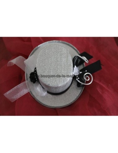 Coussin d'alliances mariage chapeau haut de forme argenté et noir