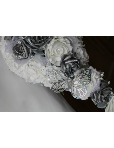 Bouquet pour Mariage tombant thème Roses blanches, gris, argent