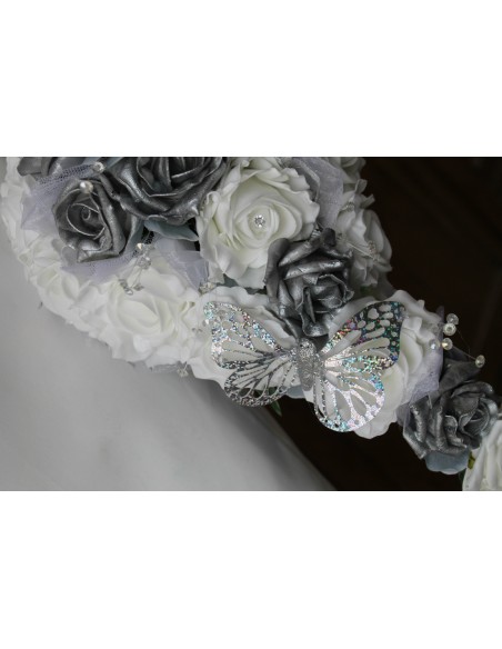 Bouquet pour Mariage tombant thème Roses blanches, gris, argent
