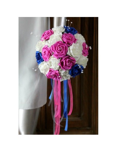 Bouquet Mariée Rond thème bleu roi, fuchsia et blanc perles