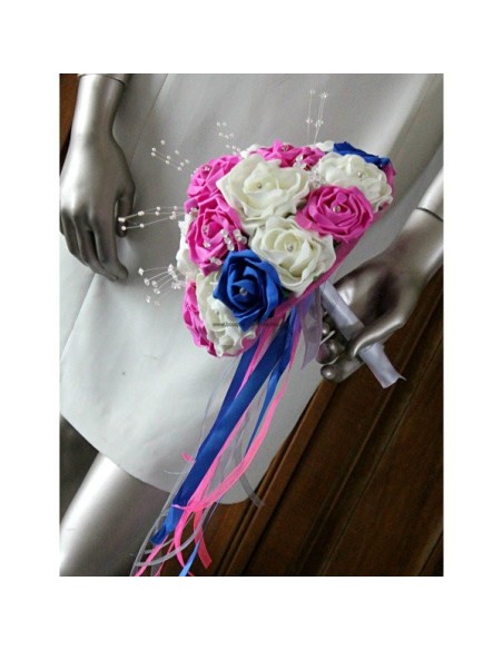 Bouquet Mariée Rond thème bleu roi, fuchsia et blanc perles