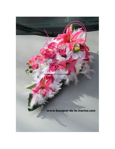 Décoration voiture pour mariage couleur fuchsia et blanc