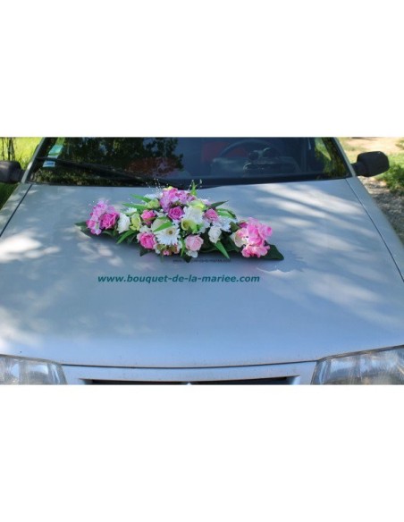 Bouquet pour capot de voiture de mariage thème fuchsia, vert anis Bouquet pour capot de voiture de mariage thème fuchsia, vert anis