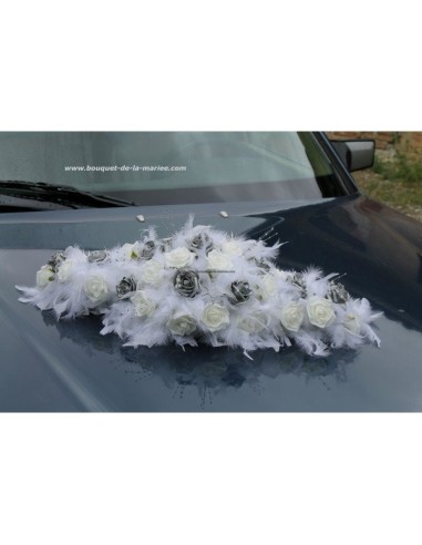 Bouquet voiture mariée plumes gris argenté et blanc