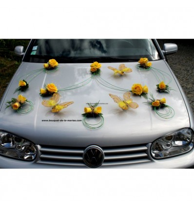 Decoration de voiture pour mariage jaune et vert avec des papillons