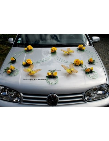 Decoration de voiture pour mariage jaune et vert avec des papillons