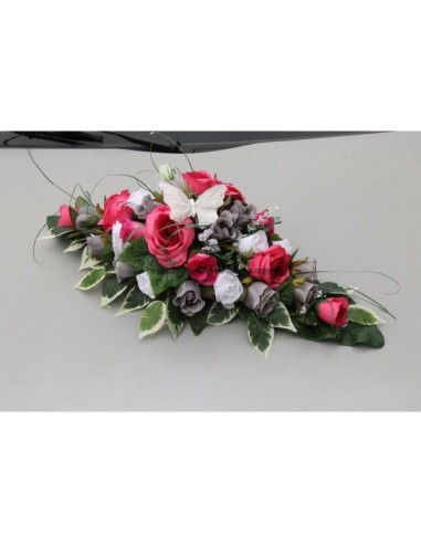 Gerbe composition florale voiture mariage fuchsia, gris, blanc