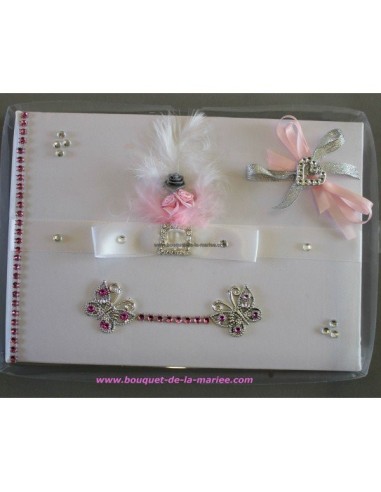 LIVRE D'OR COULEUR BLANC & ROSE AVEC STRASS, PAPILLONS