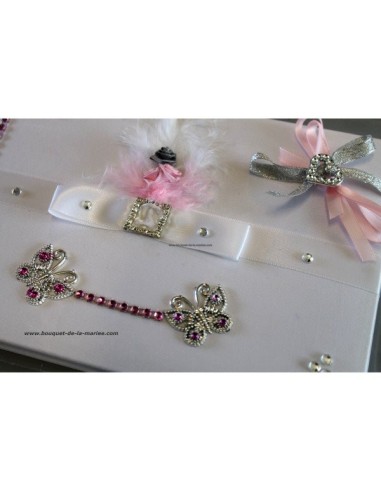 LIVRE D'OR COULEUR BLANC & ROSE AVEC STRASS, PAPILLONS