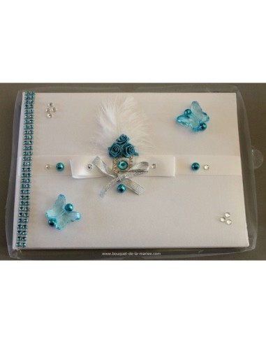 LIVRE D'OR COULEUR BLANC & TURQUOISE AVEC STRASS, PAPILLONS