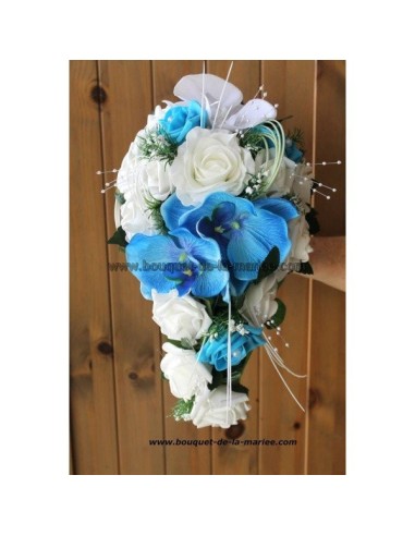 Bouquet de mariage Tombant thème Roses, Orchidées Blanc et Bleu