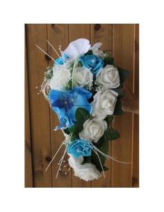 Bouquet de mariage Tombant thème Roses, Orchidées Blanc et Bleu 2