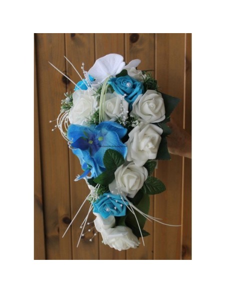 Bouquet de mariage Tombant thème Roses, Orchidées Blanc et Bleu