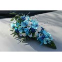 Décoration voiture mariage bleu, turquoise avec roses, orchidées...