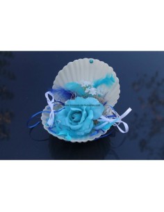 Coussin d'alliances coquillage mariage thème mer bleu et turquoise 2