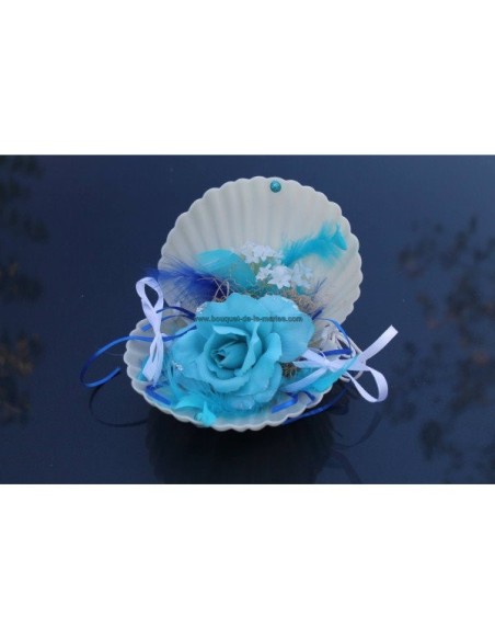 Coussin d'alliances coquillage mariage thème mer bleu et turquoise
