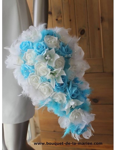 Bouquet Mariée et Boutonnière Lys Plumes turquoise et ivoire