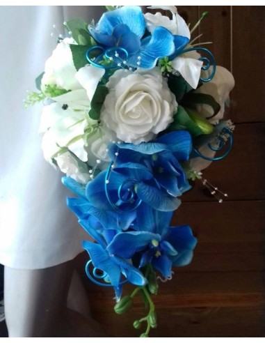 Bouquet de mariage Tombant Roses, Orchidées Blanc Turquoise