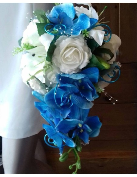 Bouquet de mariage Tombant Roses, Orchidées Blanc Turquoise