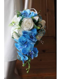 Bouquet de mariage Tombant Roses, Orchidées Blanc Turquoise 2