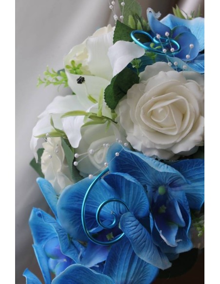 Bouquet de mariage Tombant Roses, Orchidées Blanc Turquoise