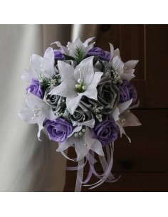 Bouquet Mariée Rond avec Lys et roses fuchsia ou parme et argent