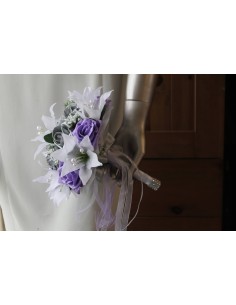 Bouquet Mariée Rond avec Lys et roses fuchsia ou parme et argent 2