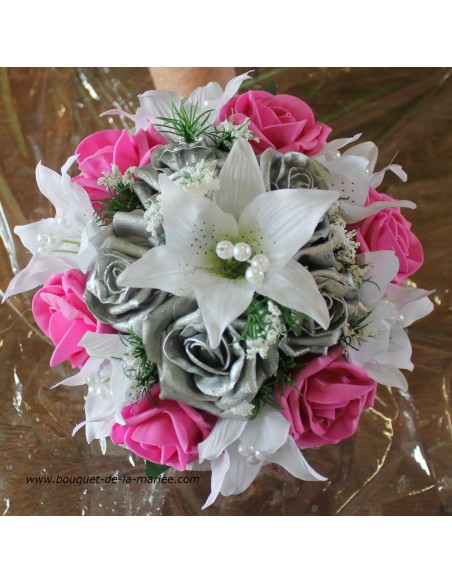 Bouquet Mariée Rond avec Lys et roses fuchsia ou parme et argent