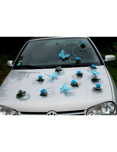 Décoration voiture mariage turquoise gris argenté papillon