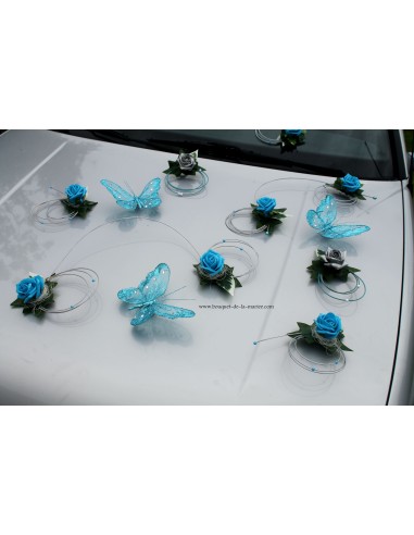 Décoration voiture mariage turquoise gris argenté papillon