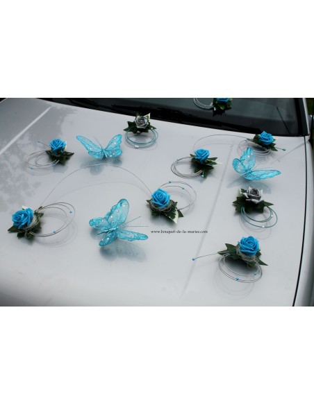 Décoration voiture mariage turquoise gris argenté papillon
