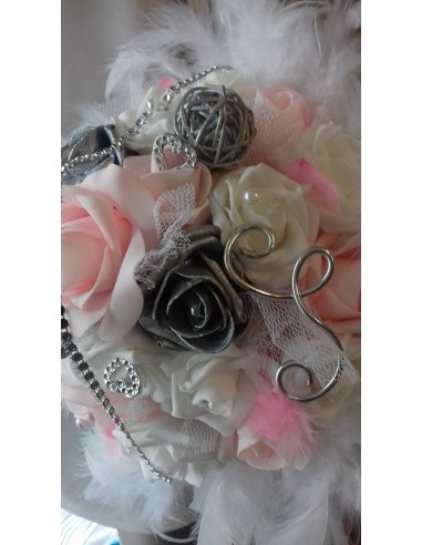 Bouquet Mariée Blanc ou ivoire, Rose, Argent, Strass et Plumes